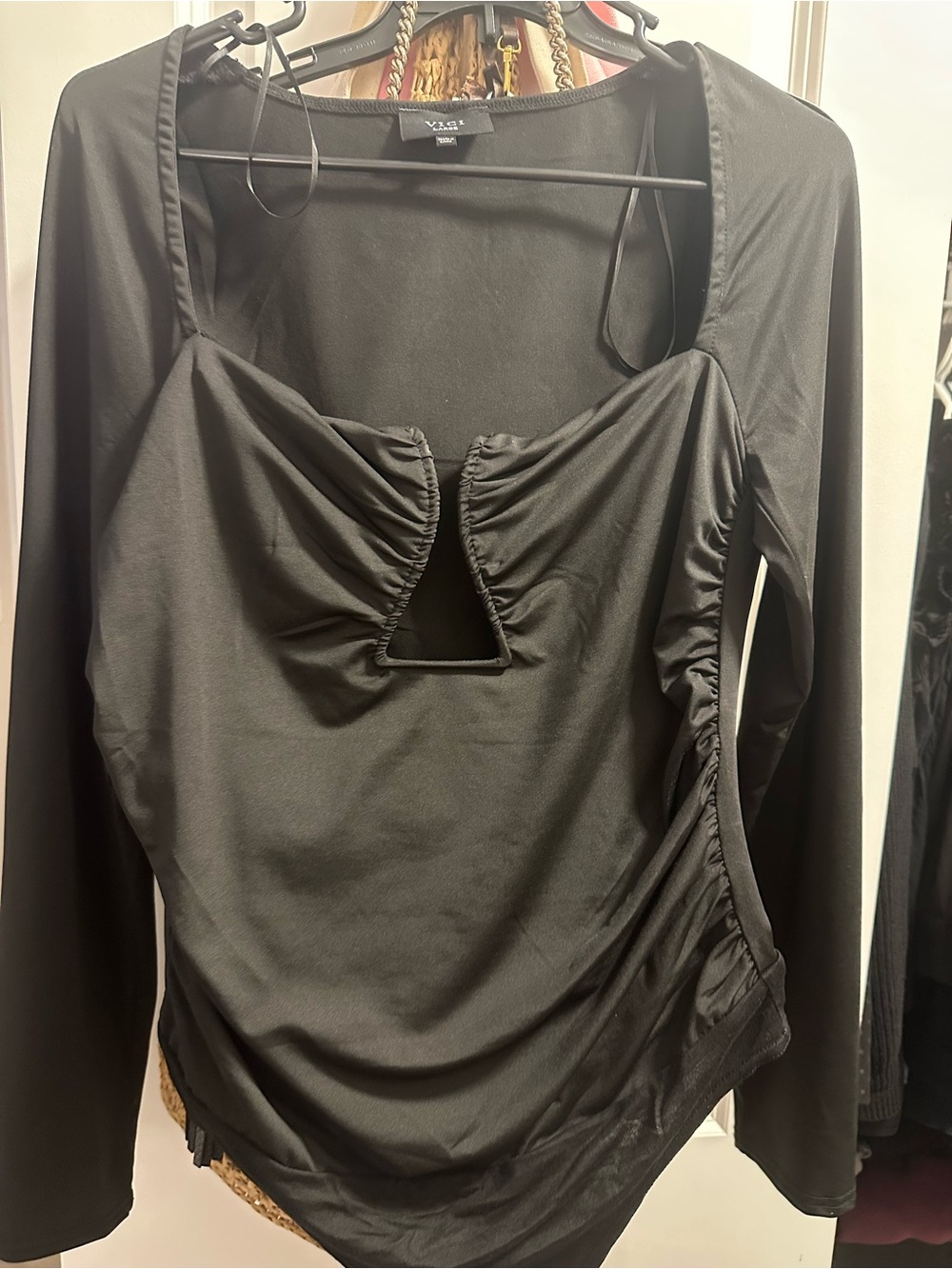 Vici Black Long Sleeve Ruched Cutout Bodysuit